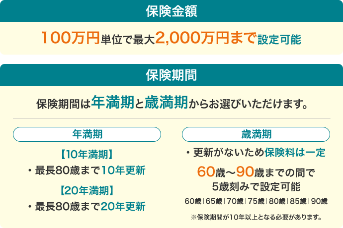 保険金額 100万円単位で最大2,000万円まで設定可能 保険期間 保険期間は年満期と歳満期からお選びいただけます。
