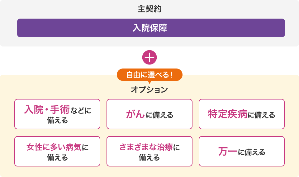 主契約 入院保障 + 自由に選べる!オプション 入院・手術などに備える がんに備える 特定疾病に備える 女性に多い病気に備える さまざまな治療に備える 万一に備える