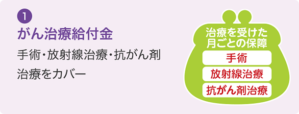 ① がん治療給付金 手術・放射線治療・抗がん剤治療をカバー 治療を受けた月ごとの保障 手術 放射線治療 抗がん剤治療