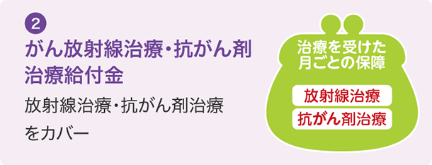 ② がん放射線治療・抗がん剤治療給付金 放射線治療・抗がん剤治療をカバー 治療を受けた月ごとの保障 放射線治療 抗がん剤治療