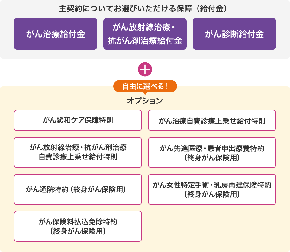 主契約についてお選びいただける保障(給付金) がん治療給付金 がん放射線治療・抗がん剤治療給付金・がん診断給付金 + 自由に選べる! オプション がん緩和ケア保障特則 がん治療自費診療上乗せ給付特則 がん放射線治療 自費診療上乗せ給付特則 がん先進医療・患者申出療養特約(終身がん保健用) がん通院特約(終身がん保険用) がん女性特定手術・乳房再建保障特約(終身がん保険用) がん保険料払込免除特約(終身がん保険用)