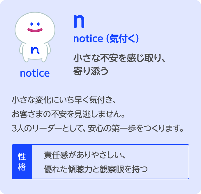 n notice（気付く） 小さな不安を感じ取り、寄り添う 小さな変化にいち早く気付き、お客さまの不安を見逃しません。3人のリーダーとして、安心の第一歩をつくります。 性格 責任感がありやさしい、優れた傾聴力と観察眼を持つ
