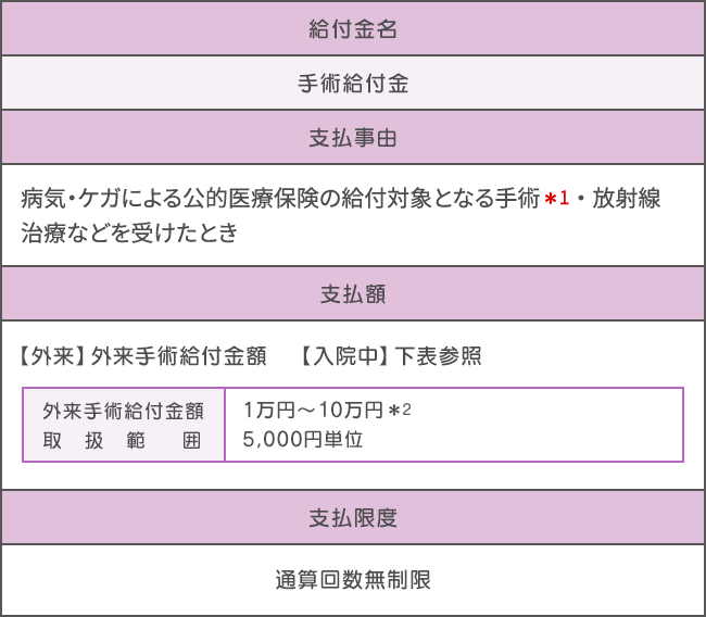 手術保障特約（2018）の給付金例