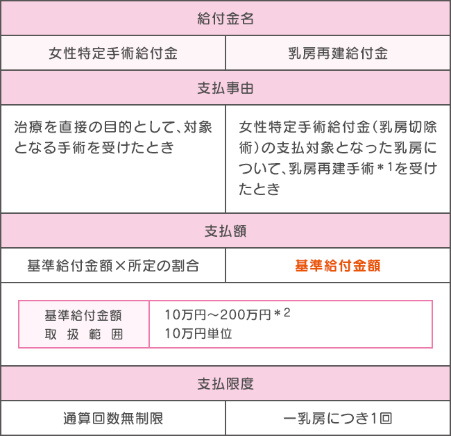 女性特定手術・乳房再建保障特則を適用した場合の給付金例