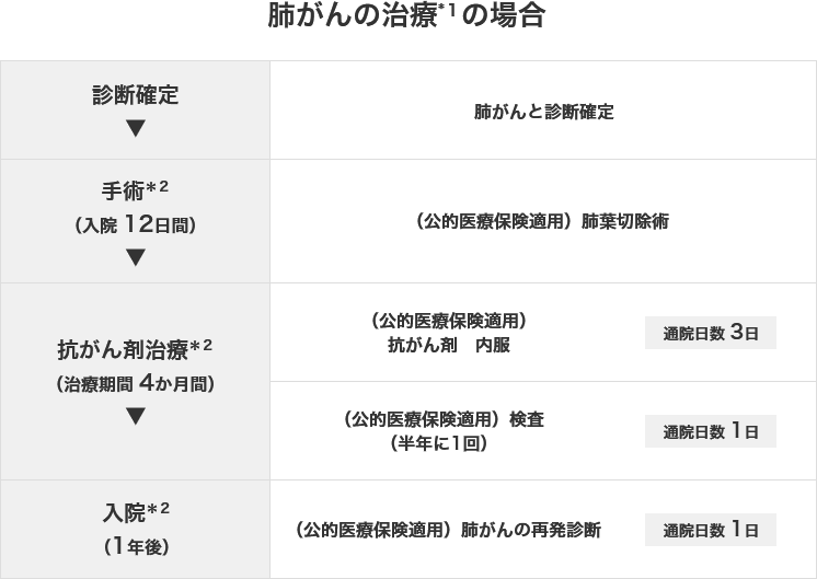 肺がん治療＊1の場合 診断確定 肺がんと診断確定 手術＊２（入院 12日間） （公的医療保険適用）肺葉切除術 抗がん剤治療＊２ （治療期間 4か月間） （公的医療保険適用） 抗がん剤　内服 通院日数 3日 （公的医療保険適用）検査 （半年に1回） 通院日数 1日 入院＊２ （1年後） （公的医療保険適用）肺がんの再発診断 通院日数 1日