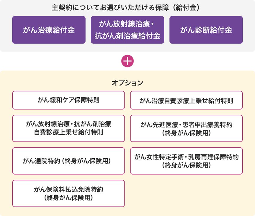 主契約についてお選びいただける保障(給付金) がん治療給付金 がん放射線治療・抗がん剤治療給付金 がん診断給付金 + オプション