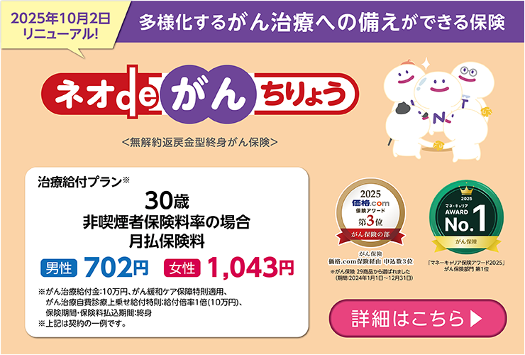 2025年10月2日リニューアル！ 多様化するがん治療への備えができる保険 ネオdeがんちりょう ＜無解約返戻金型終身がん保険＞ 治療給付プラン※ 30歳非喫煙者保険料率の場合月払保険料 男性702円 女性1,043円 ※がん治療給付金:10万円、がん緩和ケア保障特則適用、がん治療自費診療上乗せ給付特則:給付倍率1倍(10万円)、保険期間・保険料払込期間:終身 ※上記は契約の一例です。 詳細はこちら