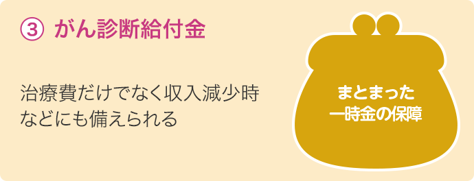 ③ がん診断給付金 治療費だけでなく収入減少時などにも備えられる まとまった一時金の保障