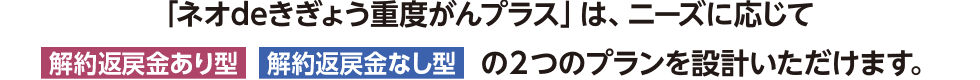 「ネオdeきぎょう重度がんプラス」は、ニーズに応じて「解約返戻金あり型」「解約返戻金なし」の2つのプランを設計いただけます。