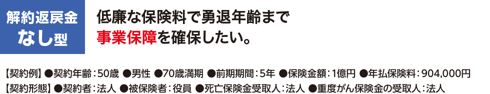 解約返戻金なし型 低廉な保険料で勇退年齢まで事業保障を確保したい。【契約例】●契約年齢：50歳 ●男性 ●70歳満期 ●前期期間：5年 ●保険金額：1億円 ●年払保険料：904,000円【契約形態】●契約者：法人 ●被保険者：役員 ●死亡保険金受取人：法人 ●重度がん保険金の受取人：法人