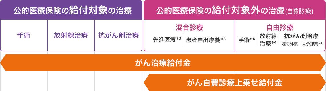 公的医療保険の給付対象の治療：手術、放射線治療、抗がん剤治療 公的医療保険の給付対象外の治療(自費診療)：混合診療 先進医療＊3|患者申出療養＊3、自由診療 手術＊4|放射線治療＊4|抗がん剤治療 適応外薬|未承認薬＊4 がん治療給付金 がん自費診療上乗せ給付金