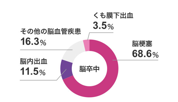 脳卒中 脳梗塞68.6% 脳内出血11.5% その他の脳血管疾患16.3% くも膜下出血3.5%
