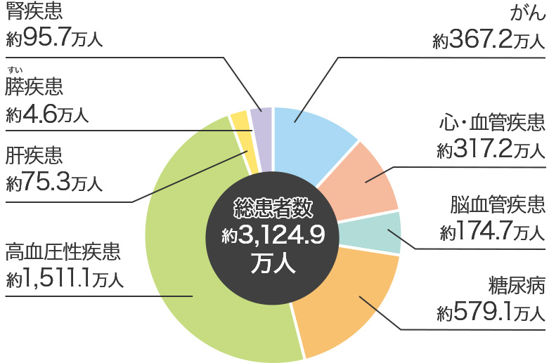 がん：約367.2万人、心・血管疾患：約317.2万人、脳血管疾患：約174.7万人、糖尿病：約579.1万人、高血圧性疾患：約1,511.1万人、肝疾患：約75.3万人、膵疾患：約4.6万人、腎疾患：約95.7万人、総患者数:約3,124.9万人
