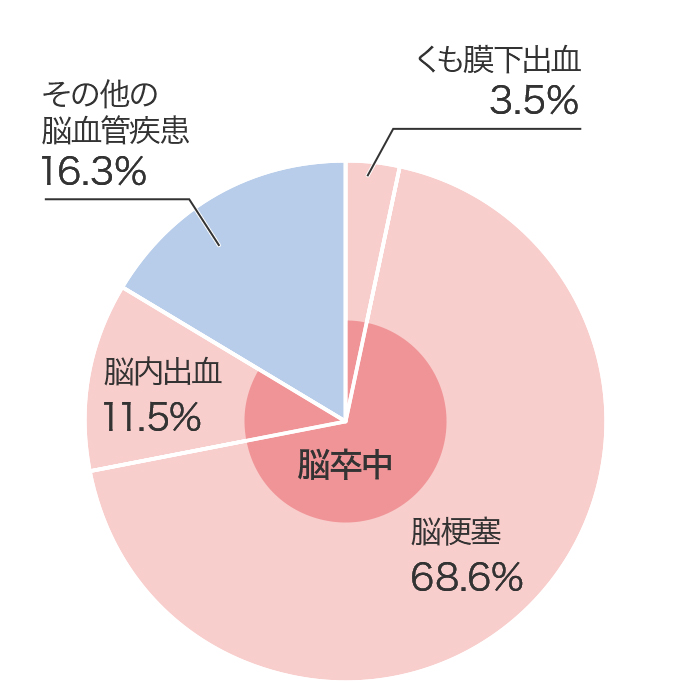 脳梗塞:68.6%、脳内出血:11.5%、くも膜下出血:3.5%（以上が脳卒中を構成）、その他の脳血管疾患:16.3%